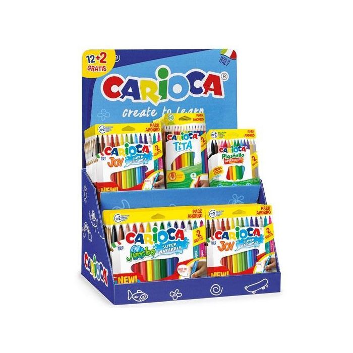 Carioca Expositor Promoción Especial Pack 12+2 Uds Gratis Surtido Rotuladores, Ceras, Plastilina