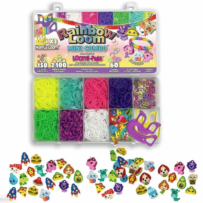 Bandai BAN1738045210754 Rainbow Loom Mini Combo Set Loomi Pals - Caja para hacer pulseras con 2100 elásticos y 60 charms 13