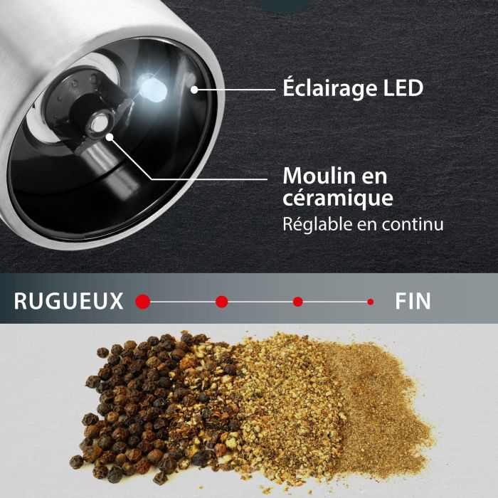 ADE ADE4260578581721 Molinillo Eléctrico de Sal y Pimienta de Acero Inoxidable/Plástico Negro 22,5 cm con Pilas AAA 2