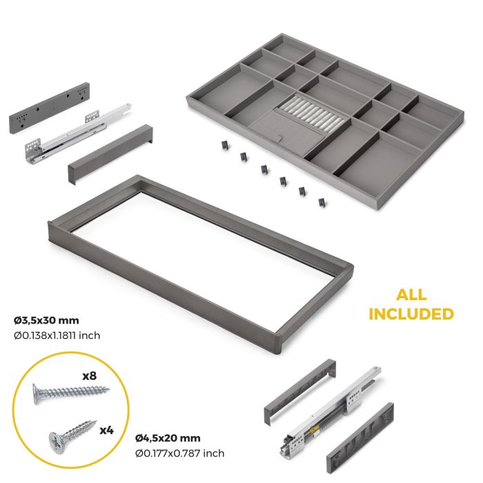 Emuca Kit de cajón organizador y bastidor regulable Quartz para armarios, guías de cierre suave y extracción total, Módulo 90cm, Acabado Titanio 5
