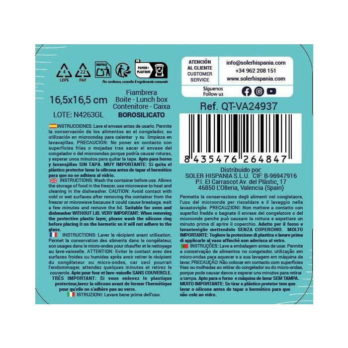 Quttin Fiambrera Cuadrada con Tapa, 750 cc, 16.5 x 16.5 x 6.9 cm (6 Unidades) 8