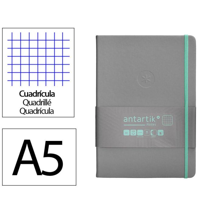 Cuaderno Con Gomilla Antartik Notes Tapa Dura A5 Hojas Cuadricula Gris Y Turquesa 100 Hojas 80 gr Fsc