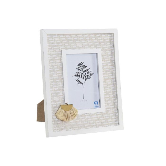 DKD Home Decor Marco Foto Decorativo Estilo Boho Blanco Beige de Madera y Cristal 21.5x26.5 cm con Fleco, Pack 4 Unidades