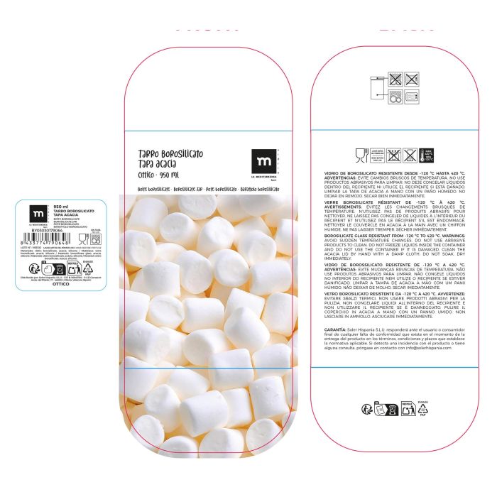 Inde Tarro de Boro-silicato Óptico con Tapa Acacia, Cuadrado, 950 ml, Colección La Mediterran - 10.2 x 10.2 x 15.7 cm (12 Unidades)