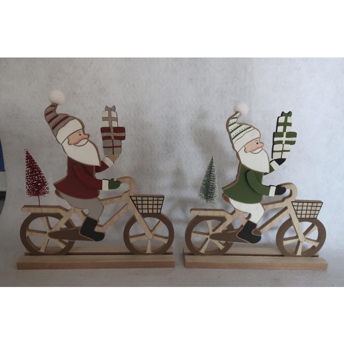 DKD Home Decor Figura Navidad Tradicional con Papanoel y Bicicleta, Adorno MDF Rojo, Verde y Blanco, 4.5x25x24 cm (Pack 12 Unidades)