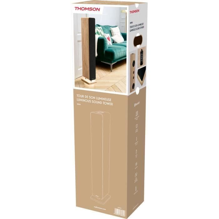 Torre de sonido Bluetooth - THOMSON - Madera/Negro - 120W, Óptico, USB, Ecualizador, TWS, Control remoto, Fuente de alimentación. 230 V 5