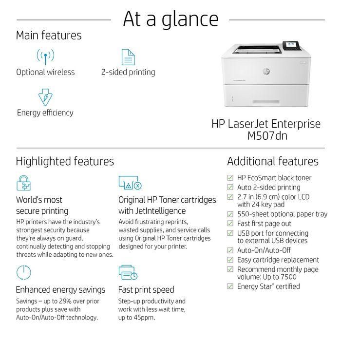 HP M507dn Impresora láser monocromo A4 43 ppm Dúplex LAN - Ideal para empresas con alto volumen de impresión. 12