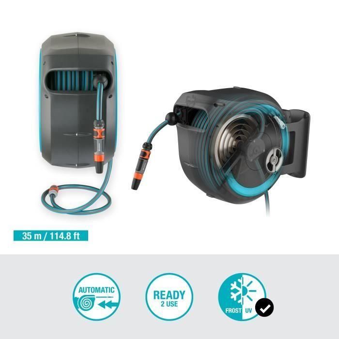 Gardena Enrollador manguera automático pared RollUp XL 35m 13mm rebobinado, anti-torsión, giro 180º, kit listo, borde blanco 1 Gardena Enrollador manguera automático pared RollUp XL 35m 13mm rebobinado, anti-torsión, giro 180º, kit listo, borde blanco 1