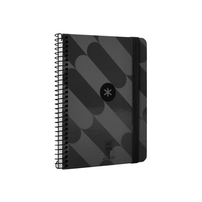 Antartik Agenda Espiral Colección Pattern A6+ 2025 Semana Vista Negro, Papel 80gr, Tapa Cartón Forrado Soft Touch, Pegatinas