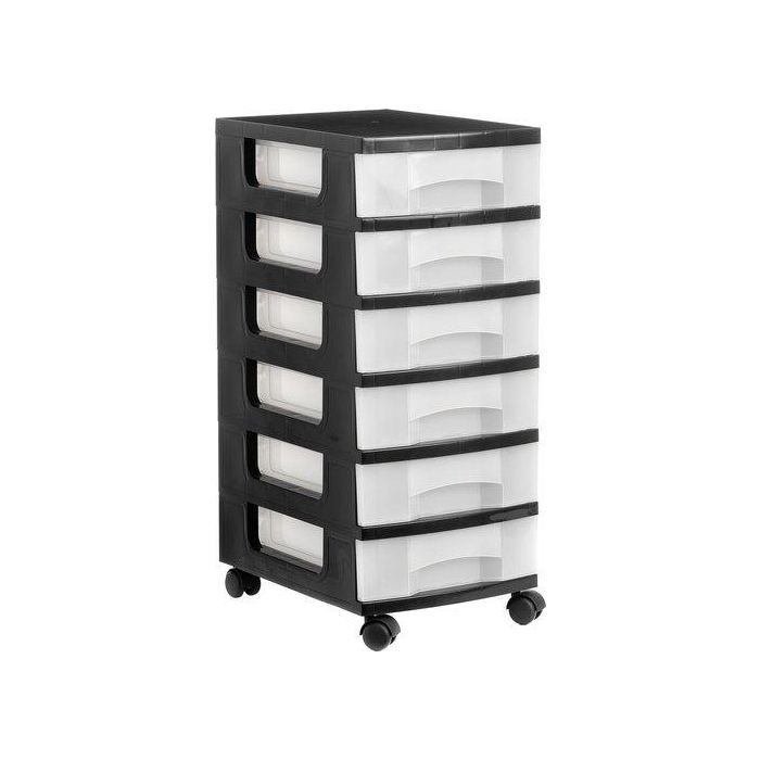 Archivo 2000 Cajonera de Almacenaje Sostenible, 6 Cajones de 6L Transparente, Carcasa Negra con Ruedas 390x290x685 mm