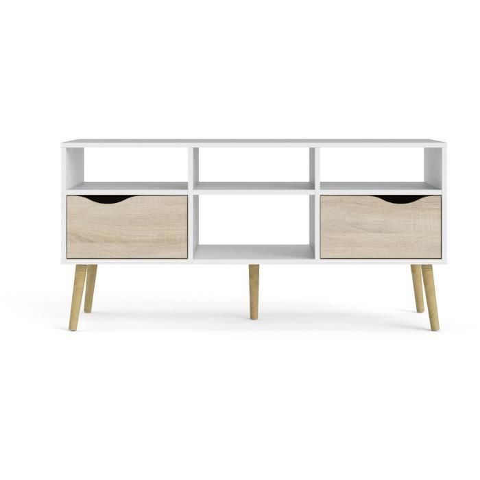 TVILUM 7539149AK Mueble para Televisión con 4 Nichos y 2 Cajones, Acabado Blanco y Roble, 117,2x39,1x57,4 cm 5