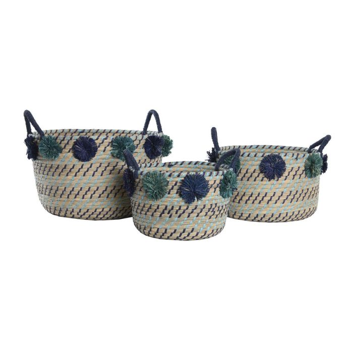 DKD Home Decor Cesta Mediterraneo Hecha a Mano Seagrass y PP con Pompones Multicolor 44 x 34 x 46 cm Set de 3 3 DKD Home Decor Cesta Mediterraneo Hecha a Mano Seagrass y PP con Pompones Multicolor 44 x 34 x 46 cm Set de 3 3