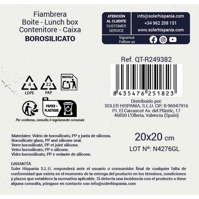 Fiambrera Cuadrada Quttin 20x20 cm 2.2L (4 Unidades) 7 Fiambrera Cuadrada Quttin 20x20 cm 2.2L (4 Unidades) 7