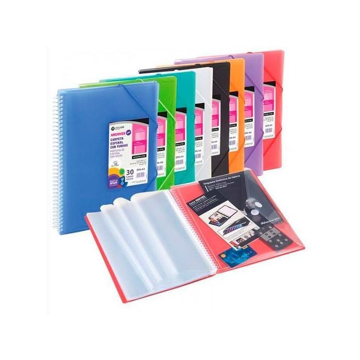 Carchivo Carpeta Archivex-Star Espiral PP Extra 80 Fundas A4 con Sobre y Cierre con Gomas Negro