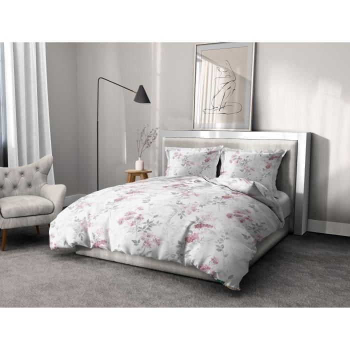 Juego de funda nórdica 220x240 cm HOME LINGE PASSION POMPADOUR: Funda nórdica + 2 fundas de almohada - 100% Algodón 57 Hilos - Blanco/rosa