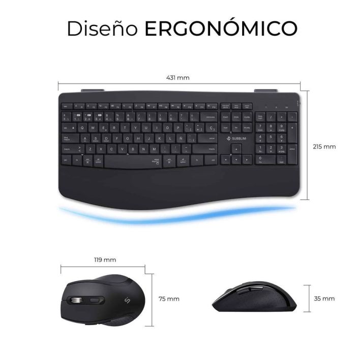 Subblim Combo Dual Office Prowave Teclado y Ratón Inalámbrico Ergonómico Recargable Bluetooth y USB Negro