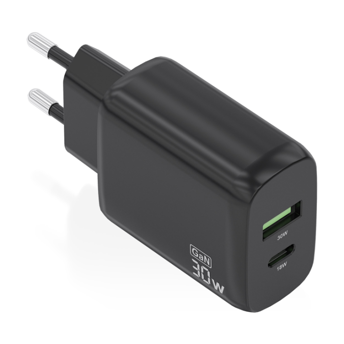 AISENS - CARGADOR GaN 30W, 1xUSB-C PD3.0 QC4.0, 1xUSB-A QC3.0, NEGRO