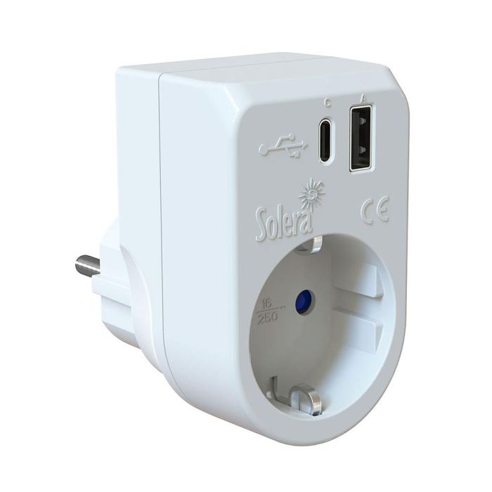 Solera Adaptador 2P+T 16A 250V con USB A y USB C 3A 5VDC, Blanco, IP20 Solera Adaptador 2P+T 16A 250V con USB A y USB C 3A 5VDC, Blanco, IP20