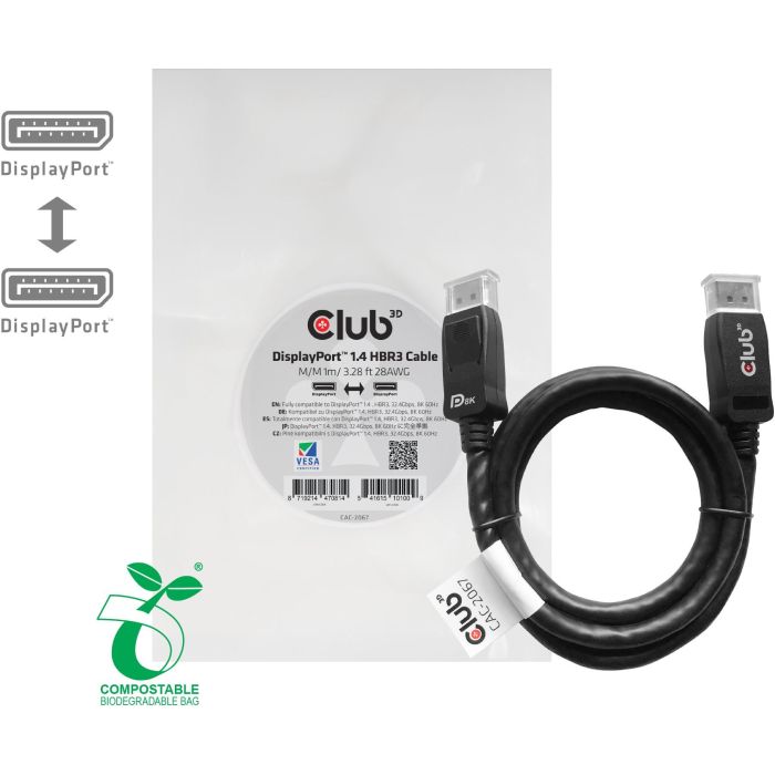 Club 3D Cable DisplayPort 1.4 HBR3 8K@60Hz Macho/Macho 1m, 32.4Gb/s para alta resolución