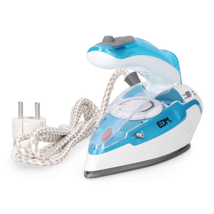 Edm Plancha de Vapor de Viaje Compacta 1100 W, Base Antiadherente, Depósito 80 ml, Cable 1.8 m, Blanco/Azul 1 Edm Plancha de Vapor de Viaje Compacta 1100 W, Base Antiadherente, Depósito 80 ml, Cable 1.8 m, Blanco/Azul 1