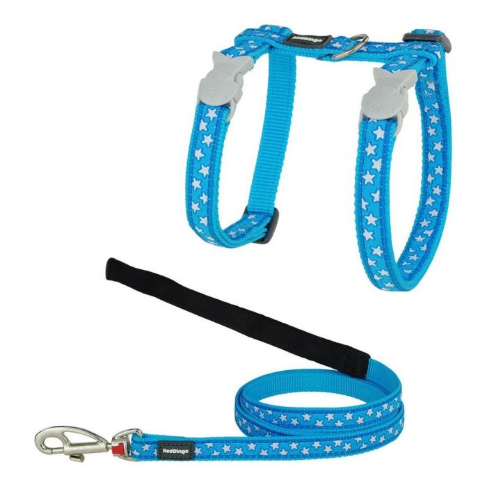 Red Dingo Arnés y Correa para Gato Estrella Blanca y Turquesa de Nylon Ajustable, Cuello 21-35cm, Pecho 27-48cm, Correa 1.2m
