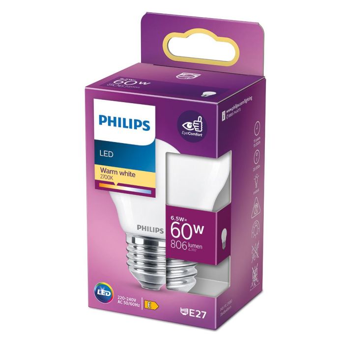 Philips Bombilla esférica LED E27 6,5W 806lm 2700K luz cálida, equivalencia 60W, Ø4,5x7,8cm 1 Philips Bombilla esférica LED E27 6,5W 806lm 2700K luz cálida, equivalencia 60W, Ø4,5x7,8cm 1