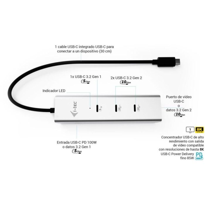 Hub USB i-Tec C31HUBMETAL8KPDPRO Plateado 2