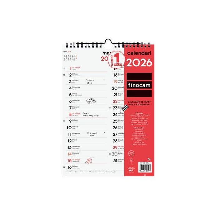 Calendari (2026) Catalan Finocam Paret Mensual Per Escriure Columnes M 210X300