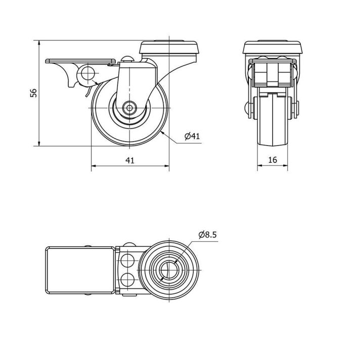 Ruedas Alex Rueda giratoria de goma con agujero, freno y eje liso, color gris, carga máx. 17 kg, ø 4 cm