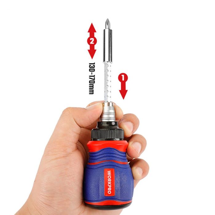 Workpro Destornillador de Carraca. Juego de 11 Piezas con Mango Magnético y Puntas de Cromo Vanadio (Sl3, Sl6, Ph1, Ph2, Ph3, H4, H5, H6, T20, T25) y Barra de Extensión 1 Workpro Destornillador de Carraca. Juego de 11 Piezas con Mango Magnético y Puntas de Cromo Vanadio (Sl3, Sl6, Ph1, Ph2, Ph3, H4, H5, H6, T20, T25) y Barra de Extensión 1