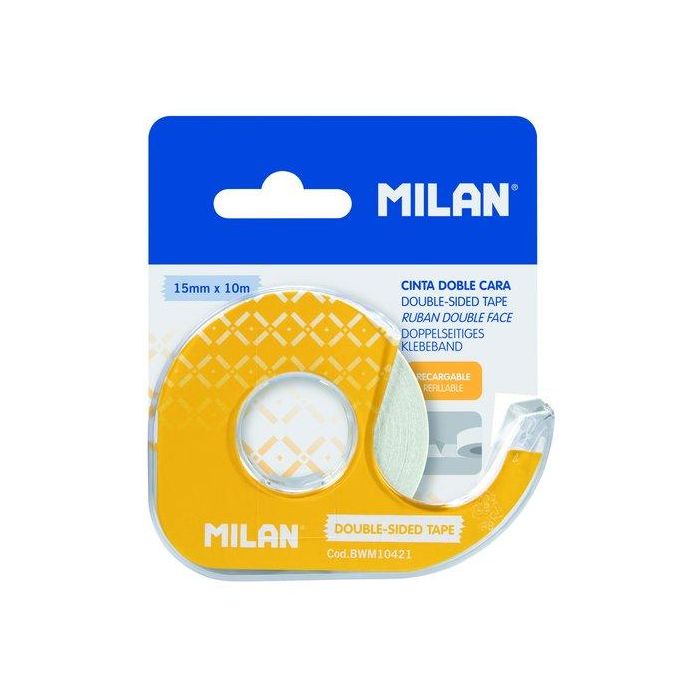 Milán Dispensador amarillo de cinta adhesiva doble cara 15 mm x 10 m con hoja de corte metálica