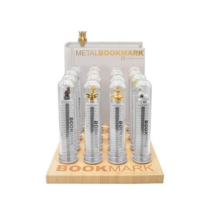 Metalmorphose Expositor de 16 Marcalibros Metálicos 3D Surtidos - Buho, Gorro Rojo, Girasol, Conejo, Taza Café, Rosa, Saturno, Scooter