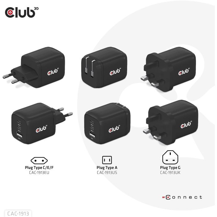 Club3D Ladegerät 2xUSB Typ C. 1xUSB Typ A. PD 65W. GaN retail 7