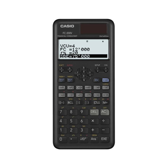 Casio Calculadora Científica FC-200 V-2 Solar-Pilas Programable 4 Líneas LCD 10+2 Dígitos Negro