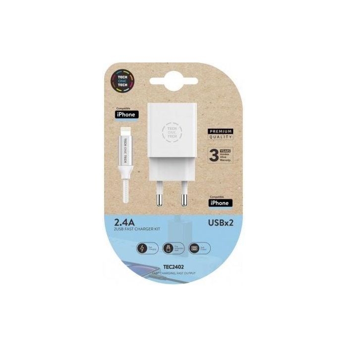 Cargador Doble Blanco+Cable Braided Nylon Lightning Para Apple, Alto Rendimiento2,4ª Cargador Doble Blanco+Cable Braided Nylon Lightning Para Apple, Alto Rendimiento2,4ª