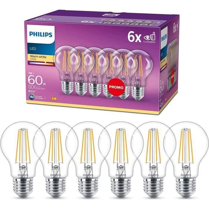Philips, paquete de 6 Bulb E27 LED transparente de 60W, White White Philips, paquete de 6 Bulb E27 LED transparente de 60W, White White