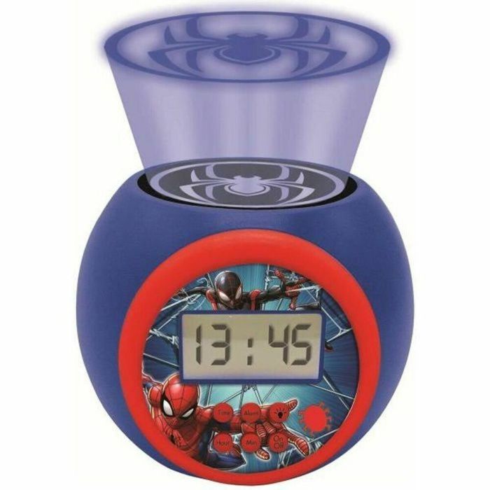 Lexibook Reloj Despertador Proyector SPIDER-MAN con Luz Nocturna de Araña 3 Colores, Pantalla LCD Retroiluminada, Alarma y Temporizador