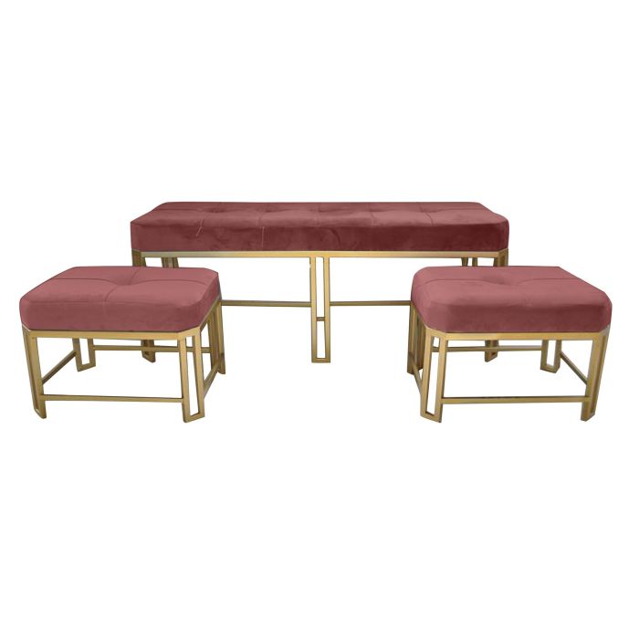 DKD Home Decor Descalzadora Glam Rosa Set 3 Piezas de Velvet y Metal - 120x40x46 cm, Altura Asiento 47 cm