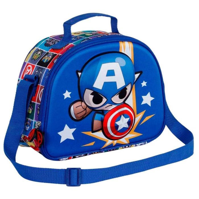 Marvel Capitán América Bolsa Portamerienda 3D con Forro Isotérmico, Diseño en Relieve, Asa Bandolera Ajustable, Azul 2