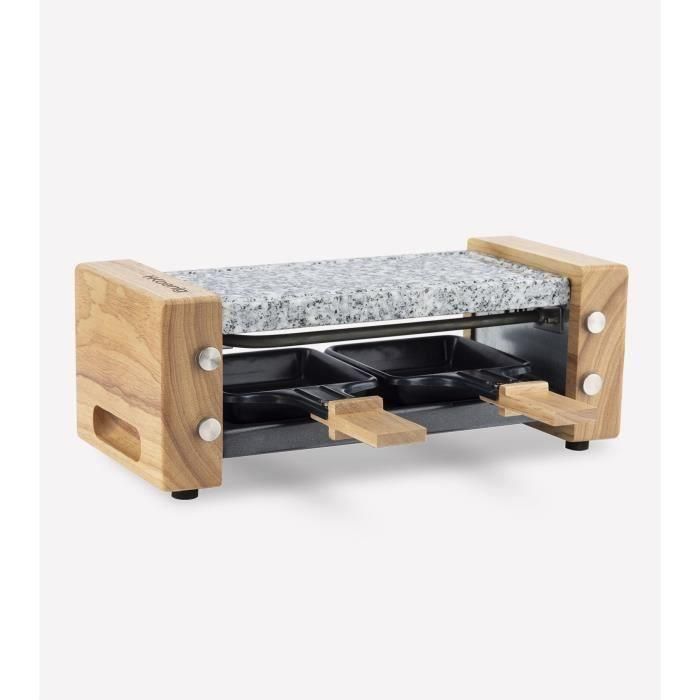 H.Koenig WOD2 Raclette y Stone Cook para 2 Personas, 350W con Placa de Granito, 2 Poelones Antiadherentes y Diseño de Madera