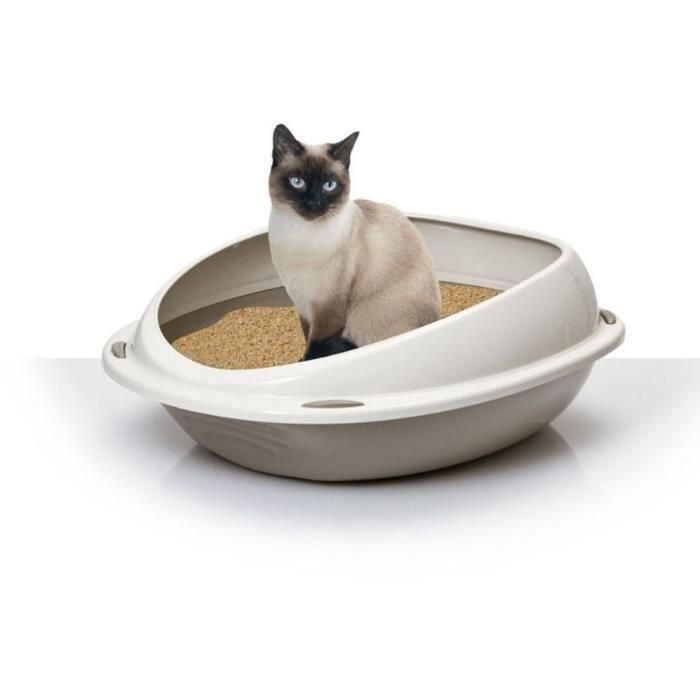 Aime Caja de arena Shuttle ovalada con borde extraíble y entrada baja para gatos. Ideal para gatitos, gatos mayores. Colores Taupe y Beige 2