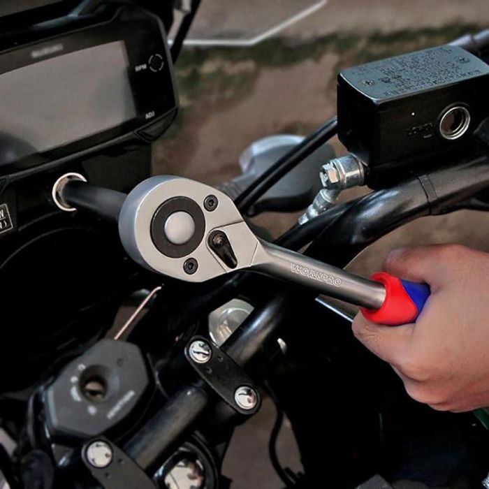 Workpro Llave de vaso 1/4 pulg Juego 14 Piezas Acero Cromo Vanadio Carraca 72 Dientes Barra Extensión Vasos Milimétricos Azul Rojo 2