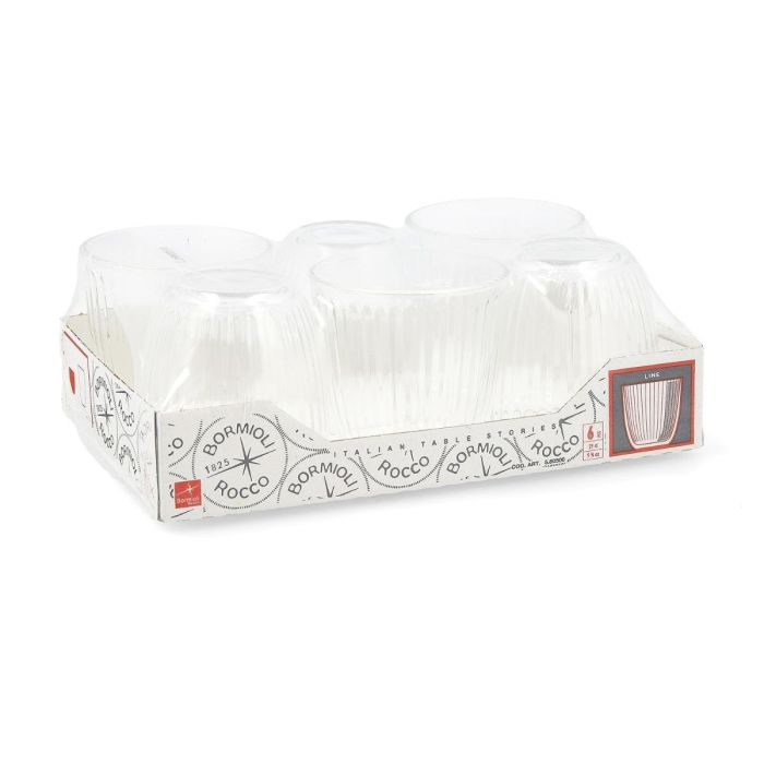 Bormioli Rocco Vaso 290 ml Colección Line, Transparente, Diseño Rayas Años 50, Set de 6, Altura 85mm, Diámetro 85mm, Lavavajillas 1