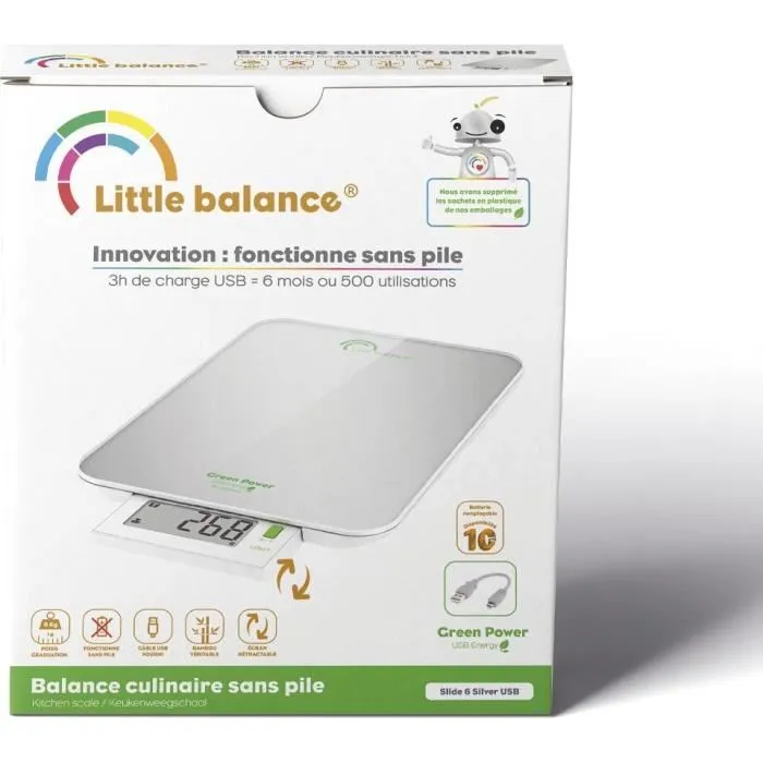 Little Balance Green Power USB Báscula de Cocina, 6 kg, 1 g, Plata Perla, Carga USB 4