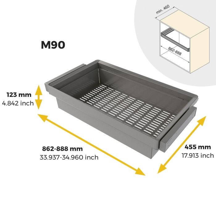 Emuca Kit de cajón metálico y bastidor regulable Quartz para armarios, guías de cierre suave y extracción total, Módulo 90cm, Acabado Titanio 10