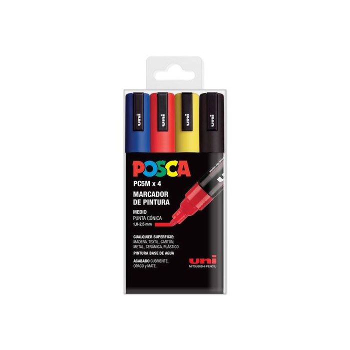POSCA Marcador PC-5M-4C No Permanente 1.8 mm-2.5 mm, Tinta Base Agua, Colores Surtidos Básicos - Estuche 4U