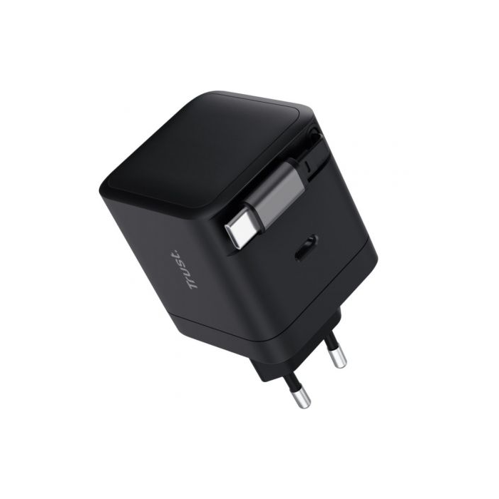 Trust Maxo Cargador de Pared 65W, 2x USB-C con Cable Retráctil para Portátil/Tablet/Teléfono, Ref. 25805