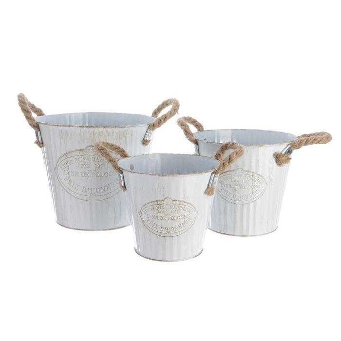 Decoris Cubo de Zinc con Asa de Cuerda Set de 3unid. Blanco Ø20x17cm Ø17x15cm Ø15x13cm