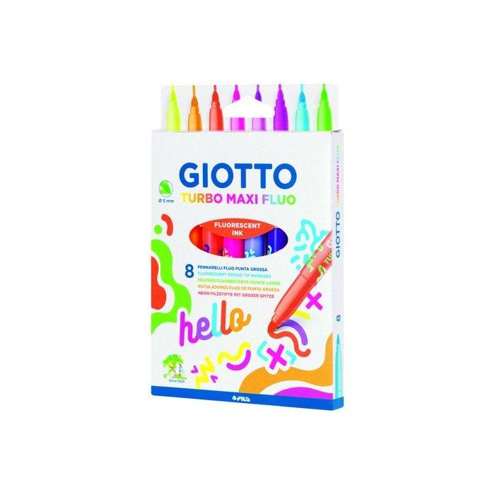 Giotto Rotulador Turbo Maxi Fluo, punta gruesa Ø 5 mm, tinta lavable, estuche de 8 unidades colores surtidos
