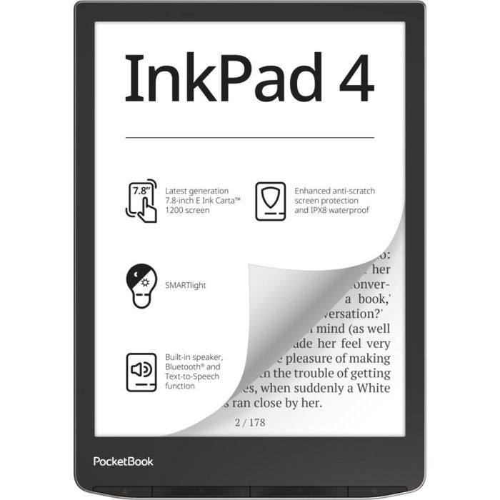 Pocketbook readers InkPad 4 - Ebook 7.8 Pulgadas, Pantalla E Ink Carta 1200, 32GB, Resistente al Agua IPX8, SMARTlight